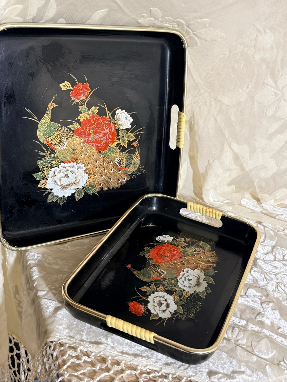 Vintage Peacock Peony Serving Tray Set Black Lacquer Style Gold Trim Asian MCM